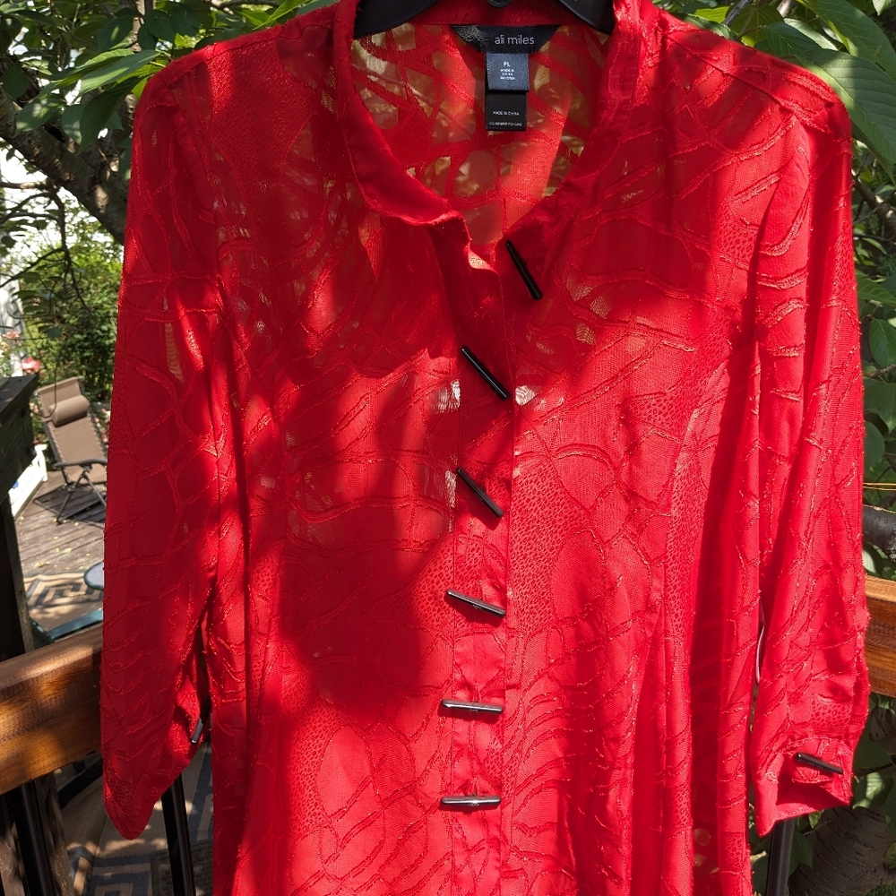 Valentine's Day Ali Miles Petite LG Red blouse Stick Buttons Sheer Shiny NWT